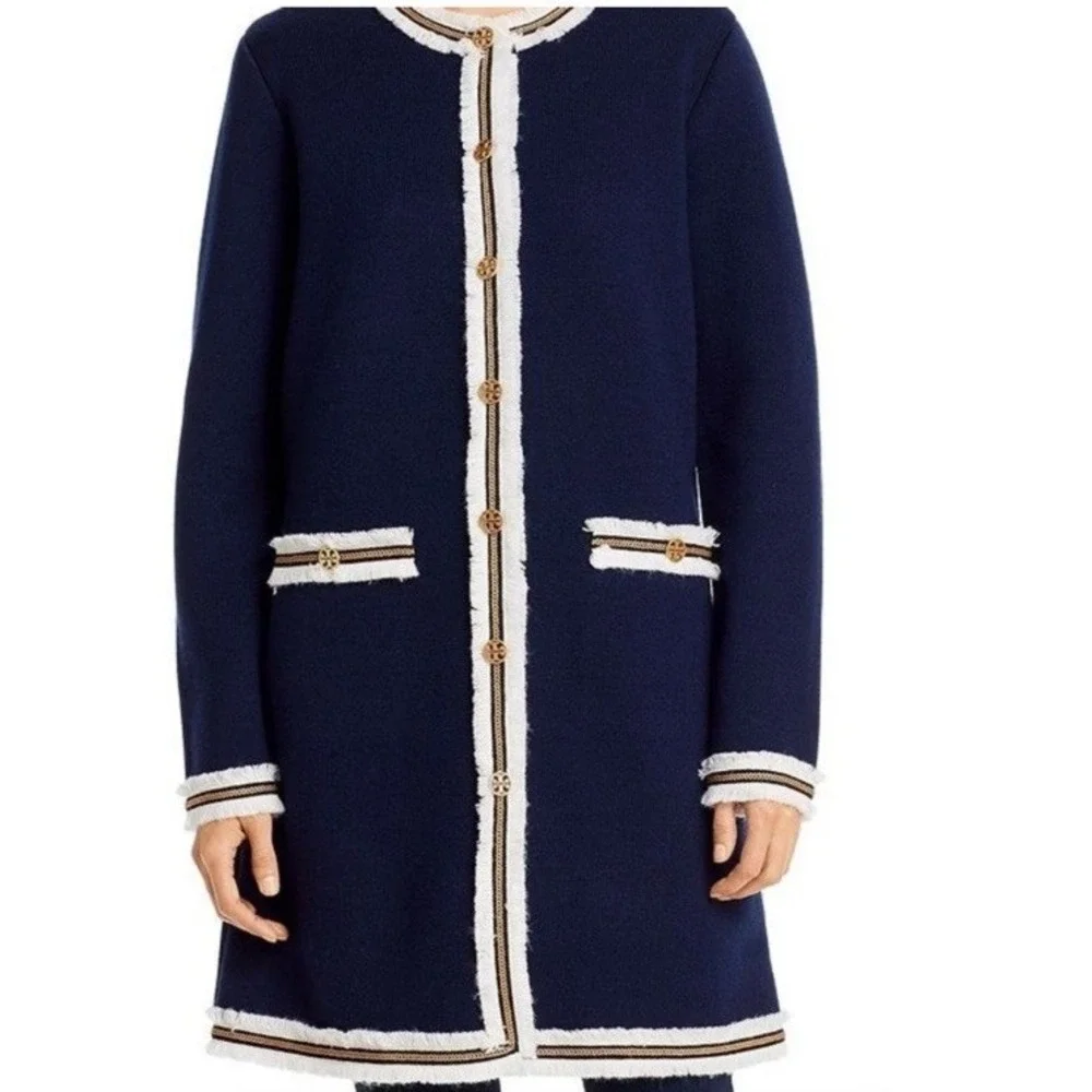 Tory Burch Wool Kendra Fringe Trimmed Sweater Coat Navy Sz M Heavy Weight Preppy